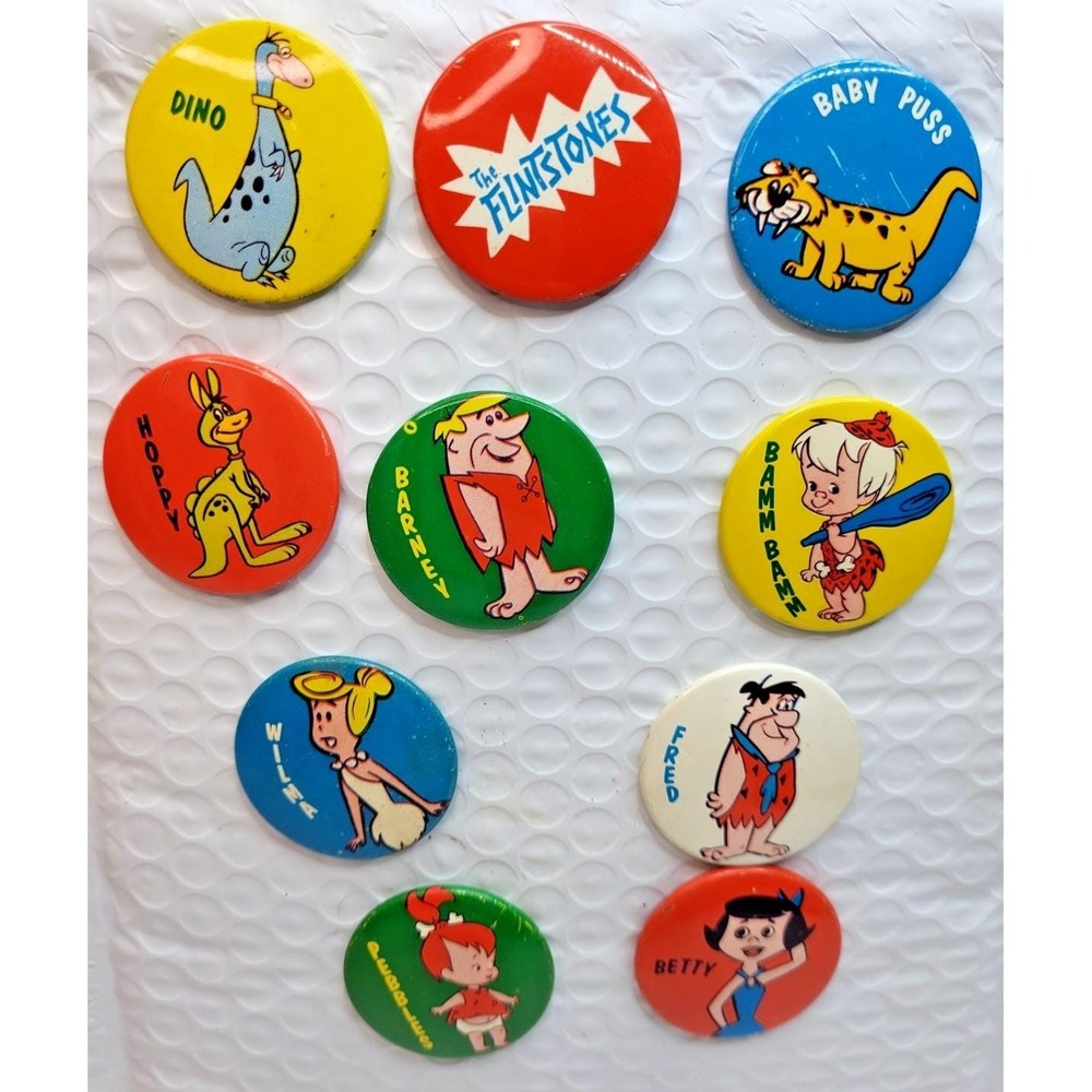 Vintage 1973 The Flintstones Button Pin Lot 1.5" Full Set 10 of Hanna Barbera